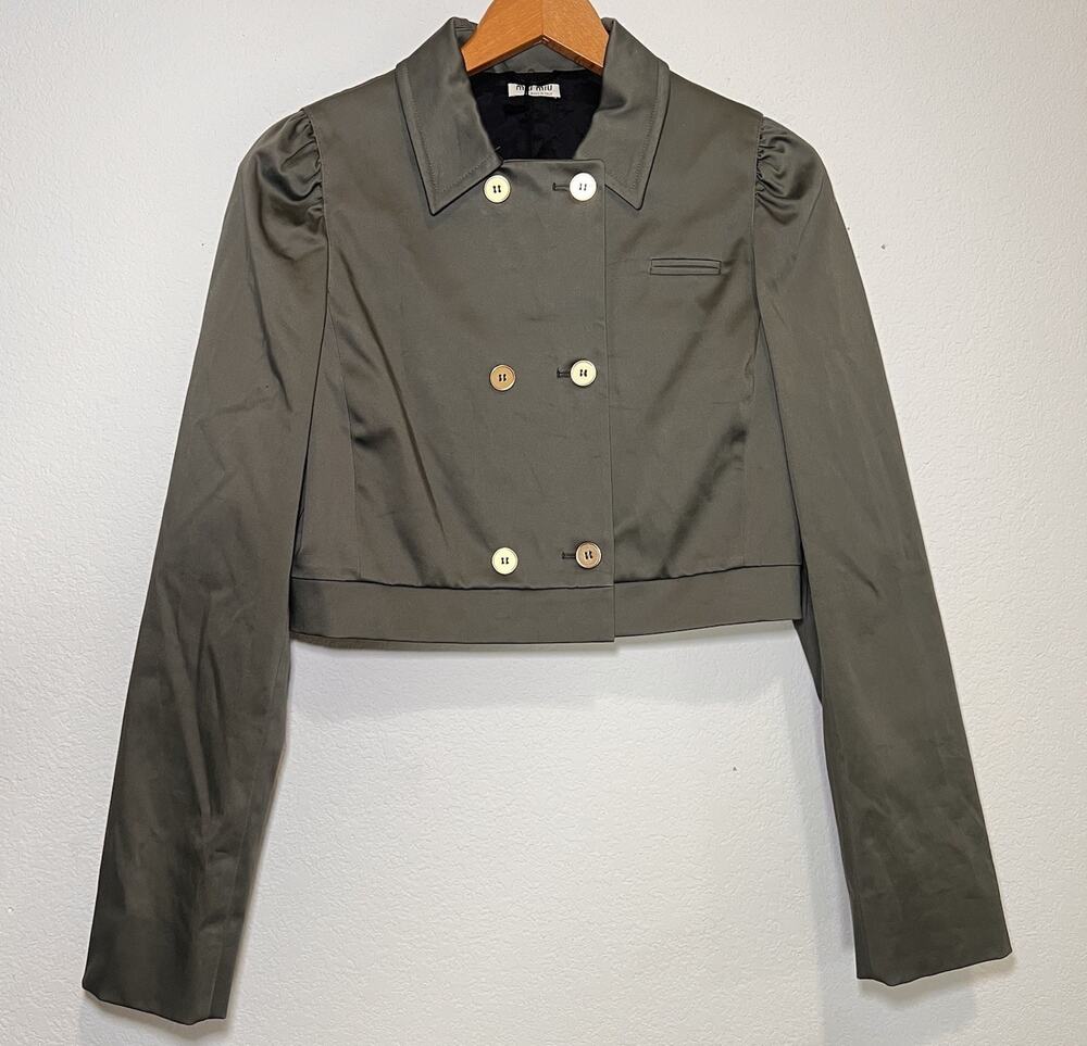 Miu Miu Military Cropped Jacket IT 40 S Olive Green Double Breasted Puff Sleeve